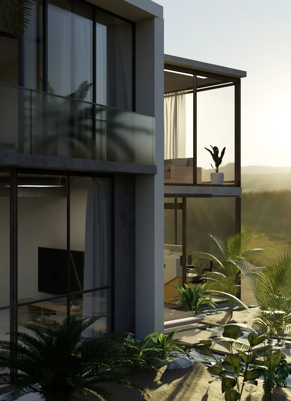 Villa contemporaine R+1 aux grandes baies vitrées, entourée de palmiers au coucher du soleil